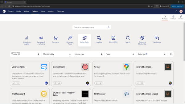 Umbraco backoffice: packages tab